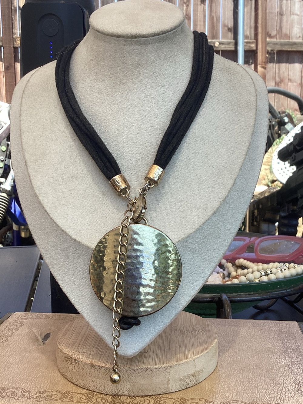Black Cord Necklace with Hammered Gold Medallion -  Women Jewelry